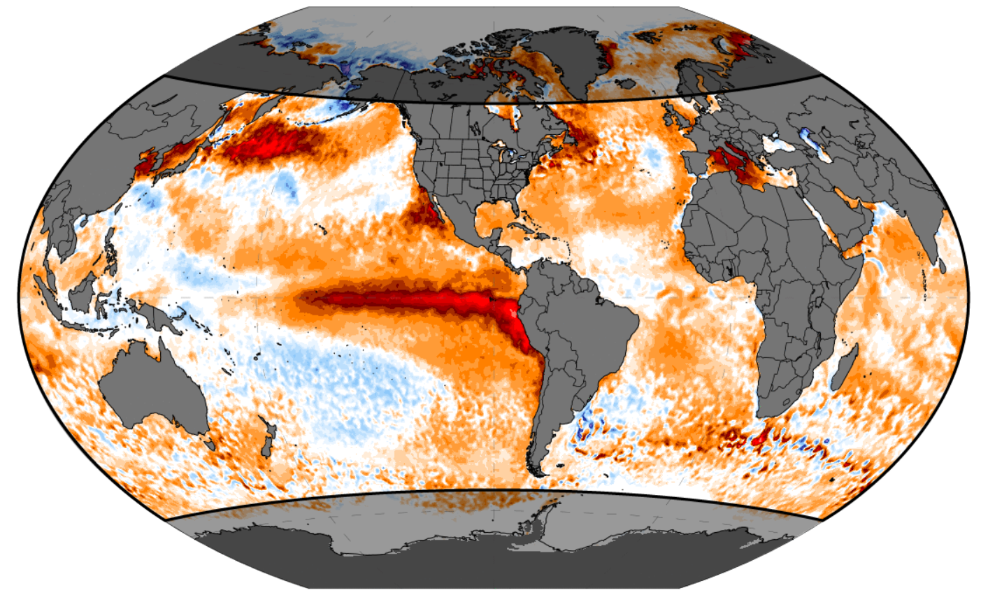 Global map with large red streak westward off northern South America, also red near California, Mediterranean.