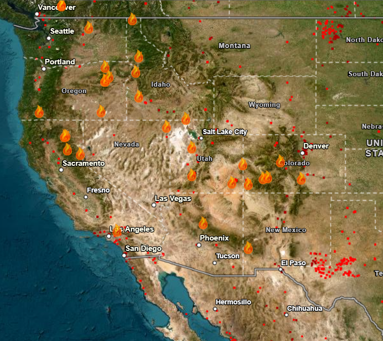 Monsoon could impact wildfires: Western US map with numerous flame icons all over, and and red spots scattered mostly in Texas and New Mexico.