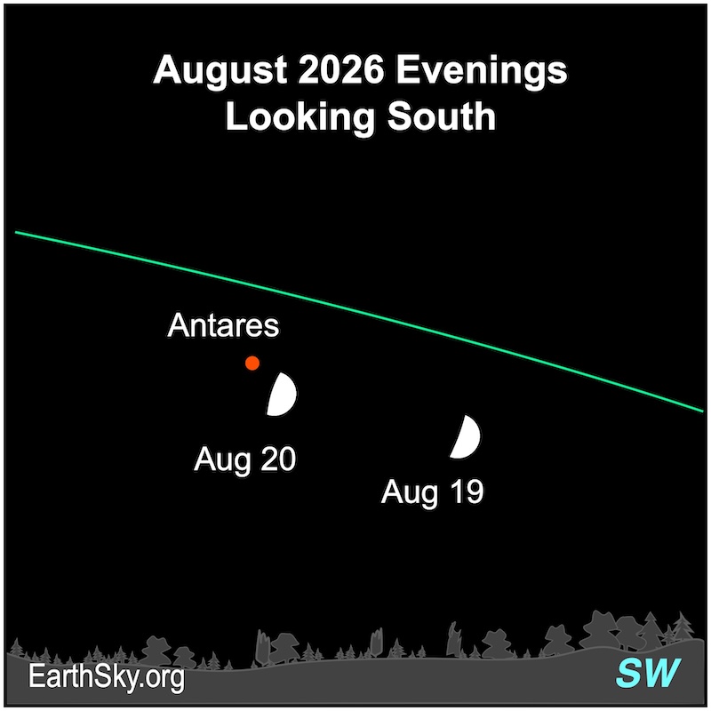 A hemisphere, the moon, is above a wavy line, the horizon, while approaching a dot, the star Antares.