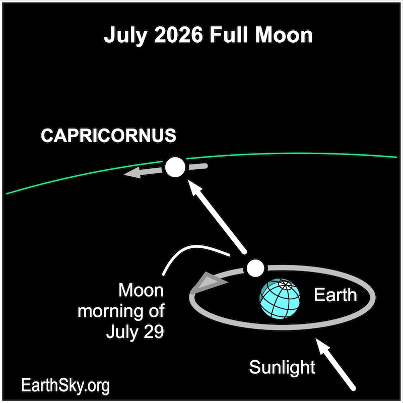 Chart showing an arrow passing disk representing Earth then passing a smaller disk representing the moon.
