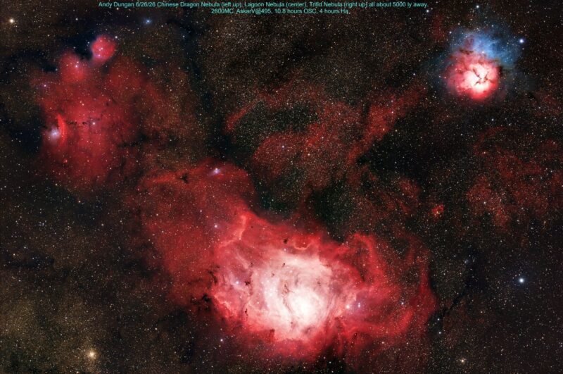 Three areas of bright, electric pink nebulosity with some blue, over an extremely rich background of stars.