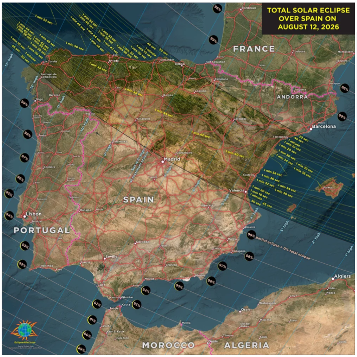 Map of Spain showing lines for the path of the eclipse.