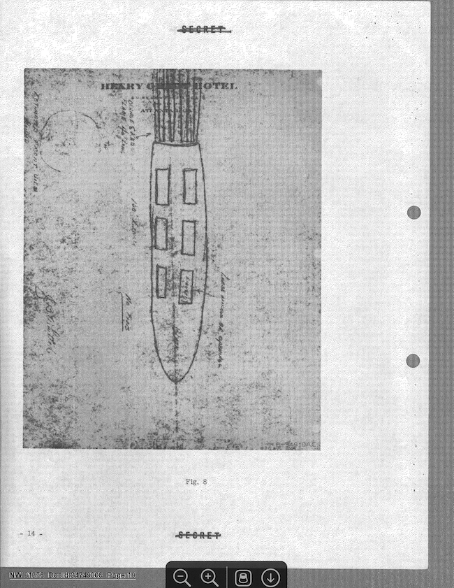Sketch of a long cylindrical object with 6 windows and exhaust coming out one end.