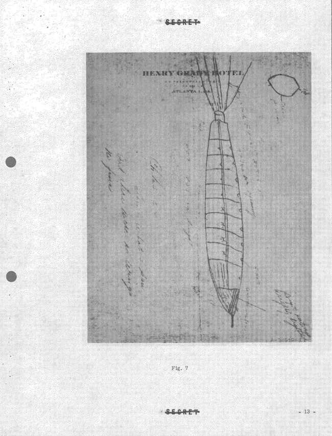 Sketch of a long segmented cylindrical object with exhaust coming out one end.