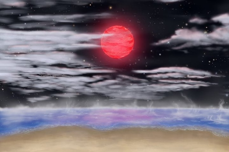 Nearby super-Earth planet: Surface of planet with blue ocean and white clouds in a black sky. The planet's reddish star looks large.