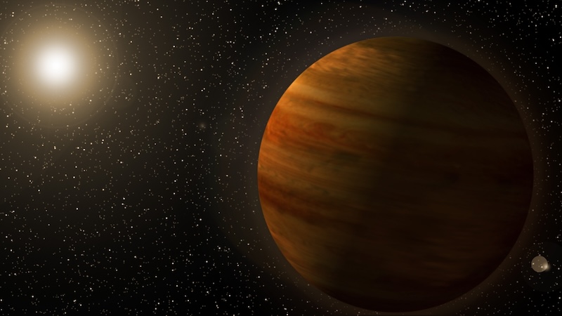 Warped spacetime reveals an exoplanet: Large planet with brown bands. Its sun is in the distance to the left.
