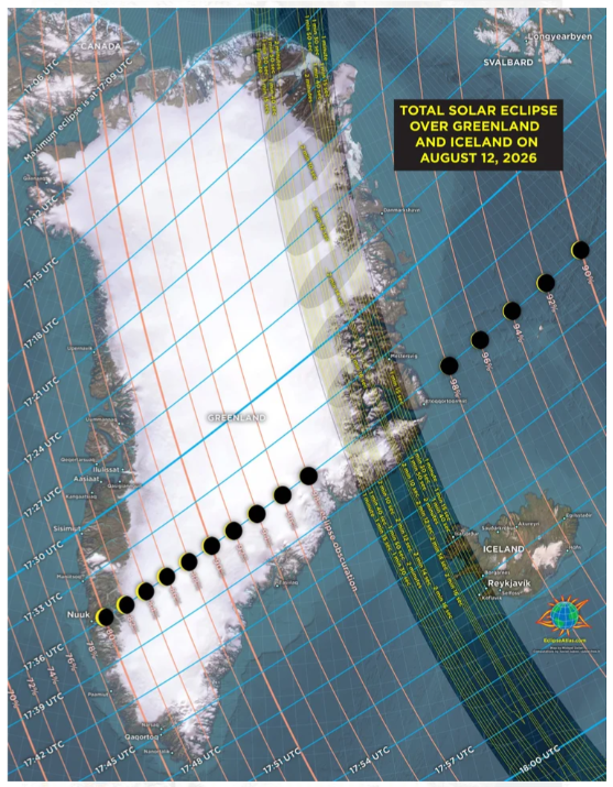 Map of Greenland and Iceland with lines showing the eclipse path.