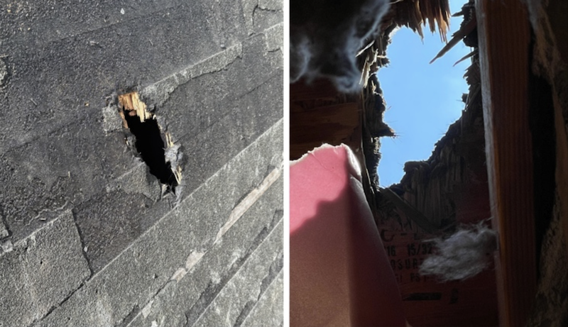 2 images, 1 exterior and 1 from inside attic, of a large hole in a house roof.