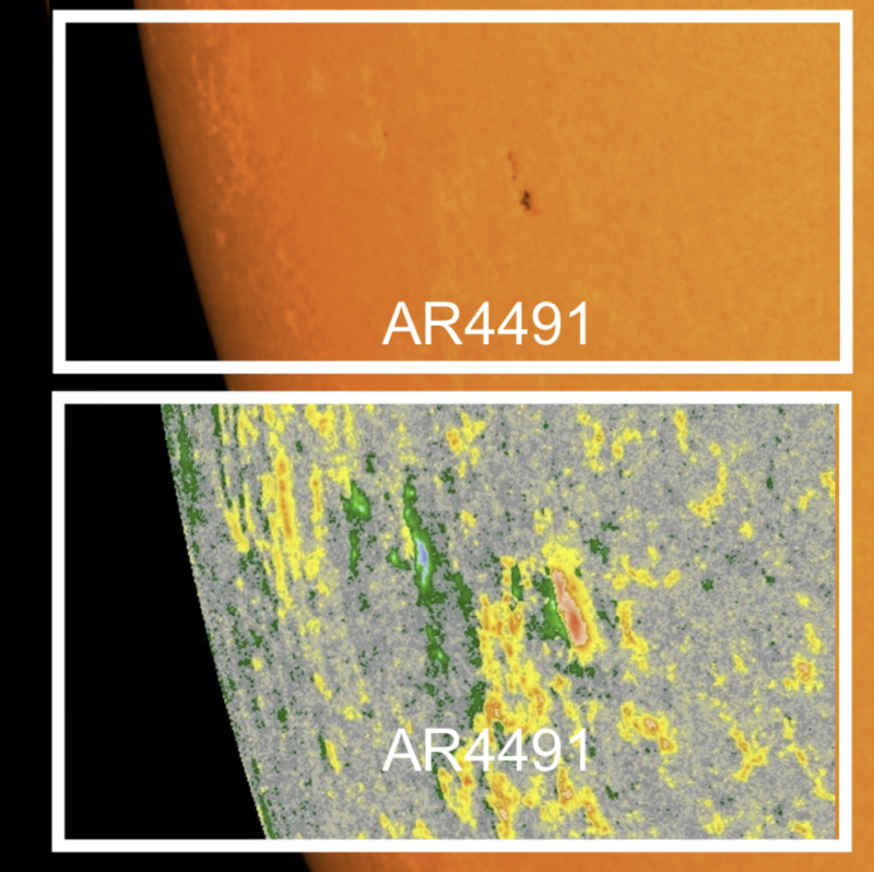 2 images of part of the sun with spots on them.
