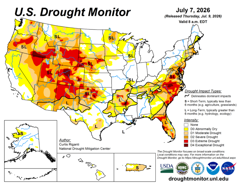 US map showing yellow, orange and red over much of the American west and also in the mid-Atlantic.