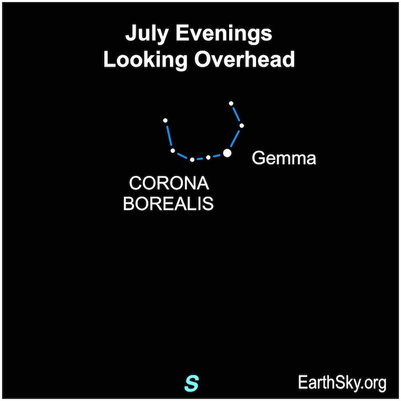 Chart showing Corona Borealis the Northern Crown in July from the Northern Hemisphere.