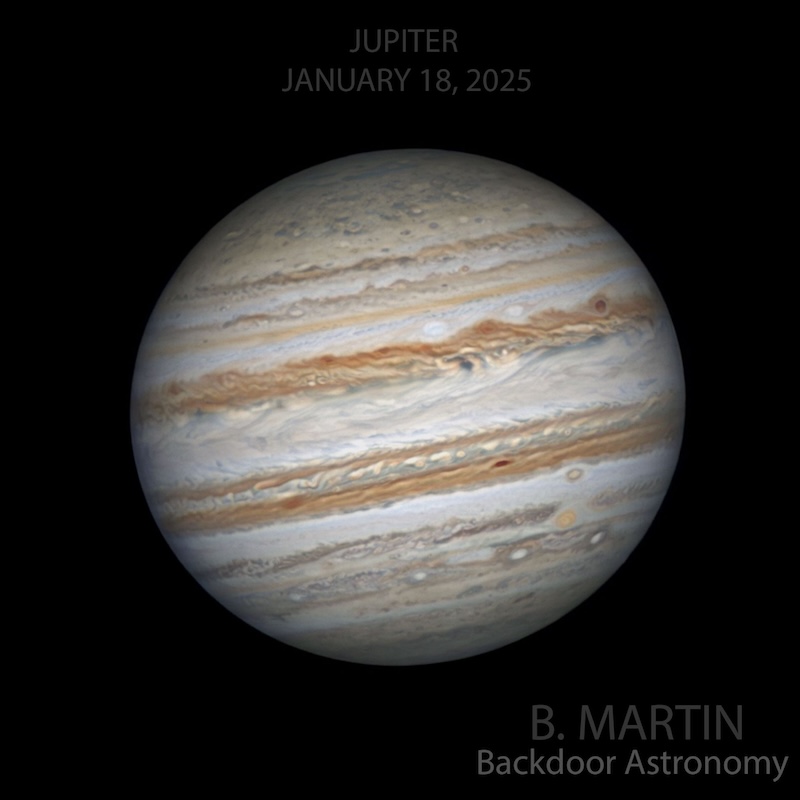 Telescopic view of Jupiter near its opposition in January 2026. You can see multiple bands, zones and swirls on the planet.