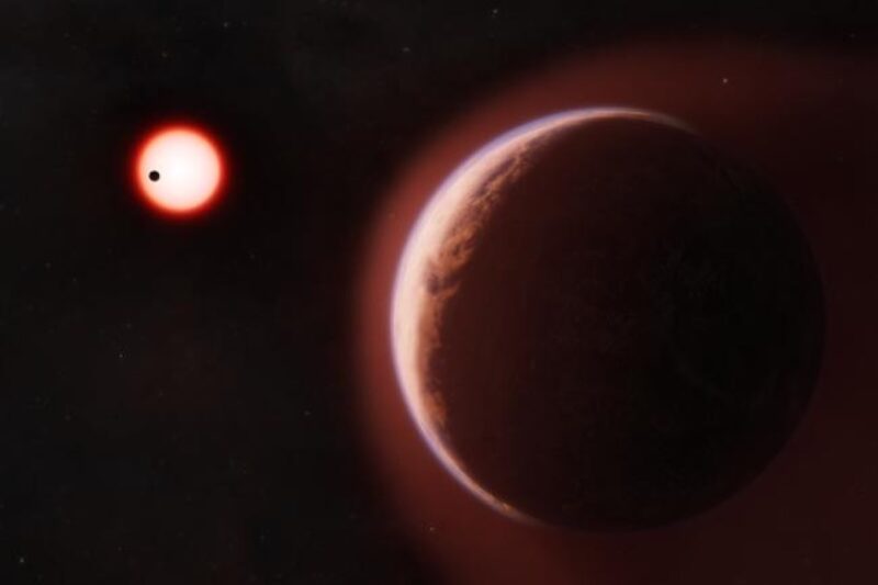 Atmosphere on rocky exoplanet: Rocky planet with a reddish haze around it and its sun and another planet in the distance.