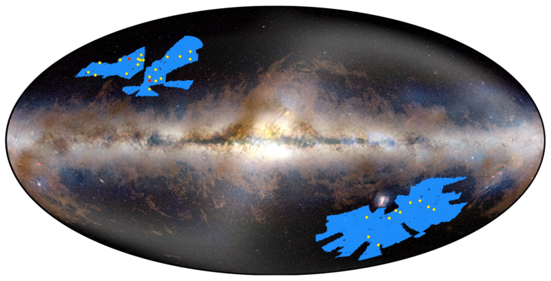 Oval map with a glowing band across it and blue areas at upper left and lower right with yellow and red dots within them.