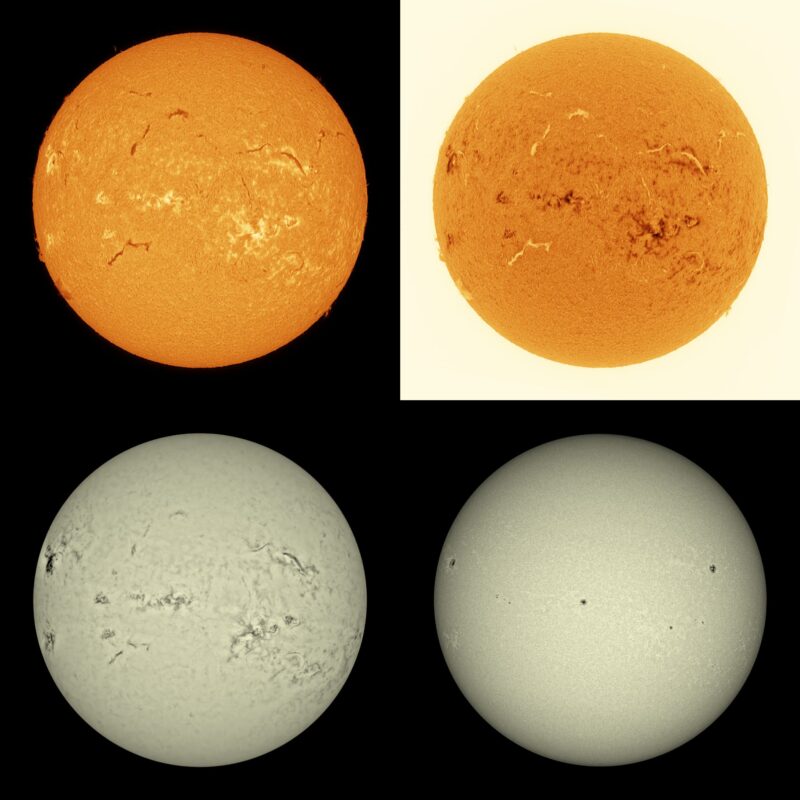 The sun, seen as four spheres in different bright colors.