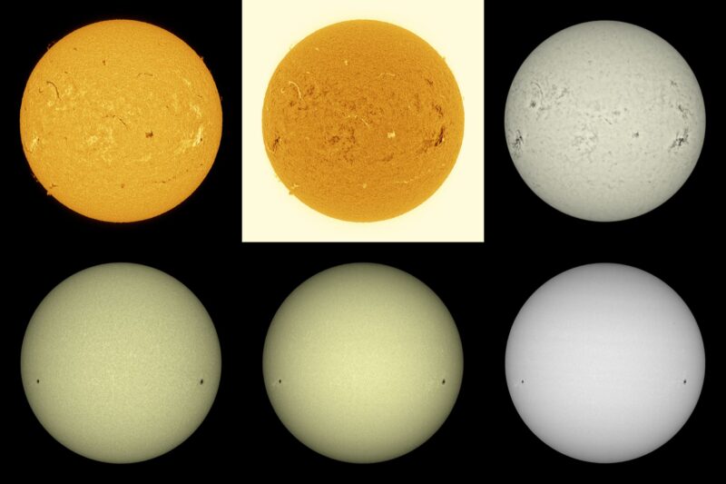 The sun, seen as six spheres in different bright colors.