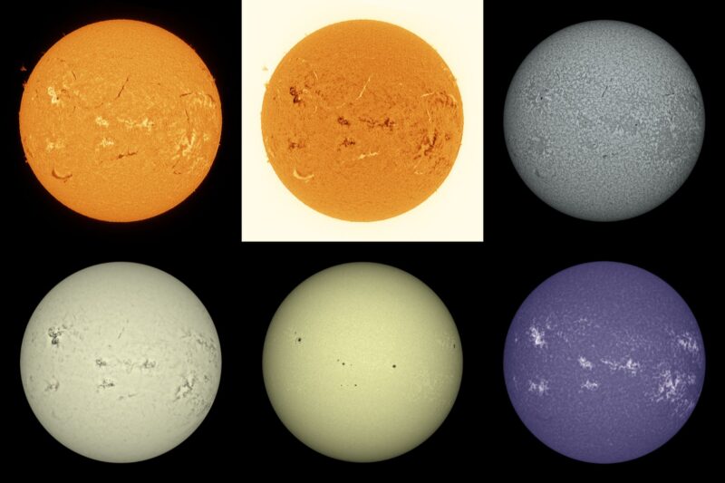 The sun, seen as four spheres in different bright colors.