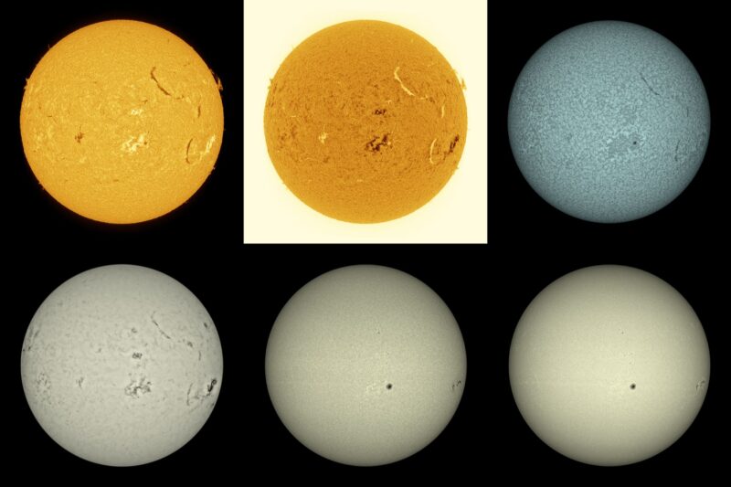 The sun, seen as six spheres in different bright colors.