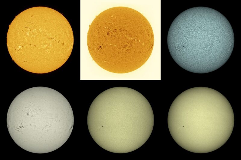 The sun, seen as six spheres in different bright colors.