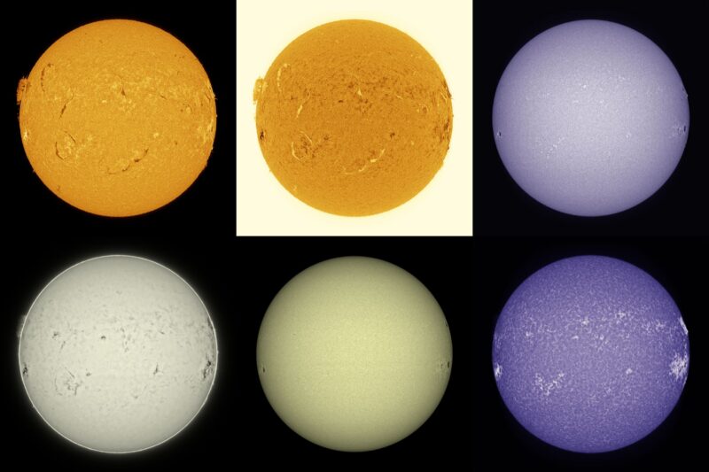 The sun, seen as six spheres in different bright colors.
