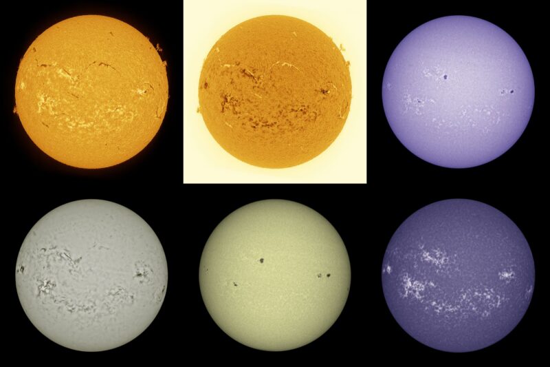The sun, seen as six spheres in different bright colors.