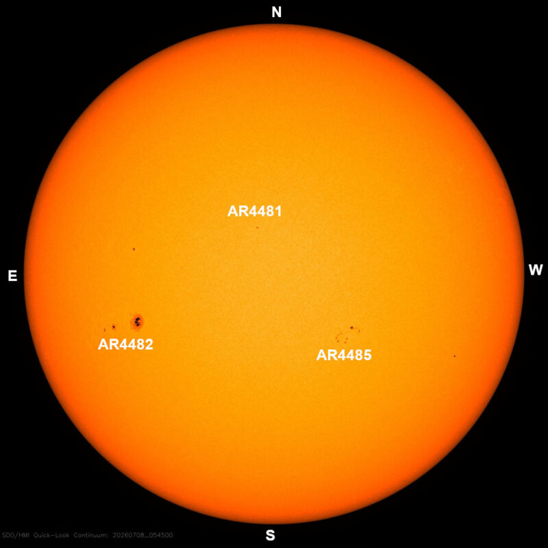 The sun, seen as a large yellow sphere with dark spots, each labeled.