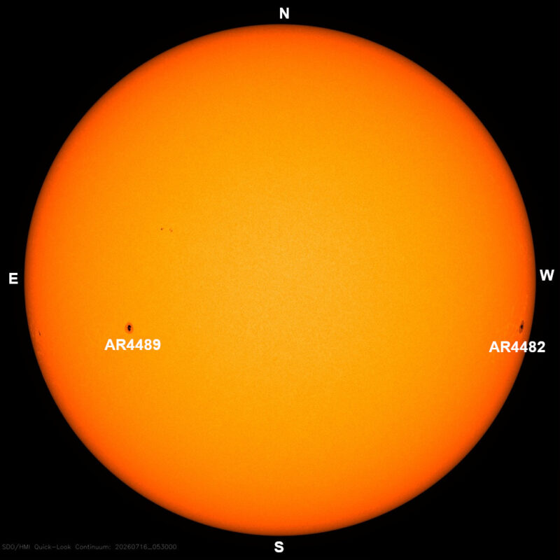 The sun, seen as a large yellow sphere with dark spots, each labeled.