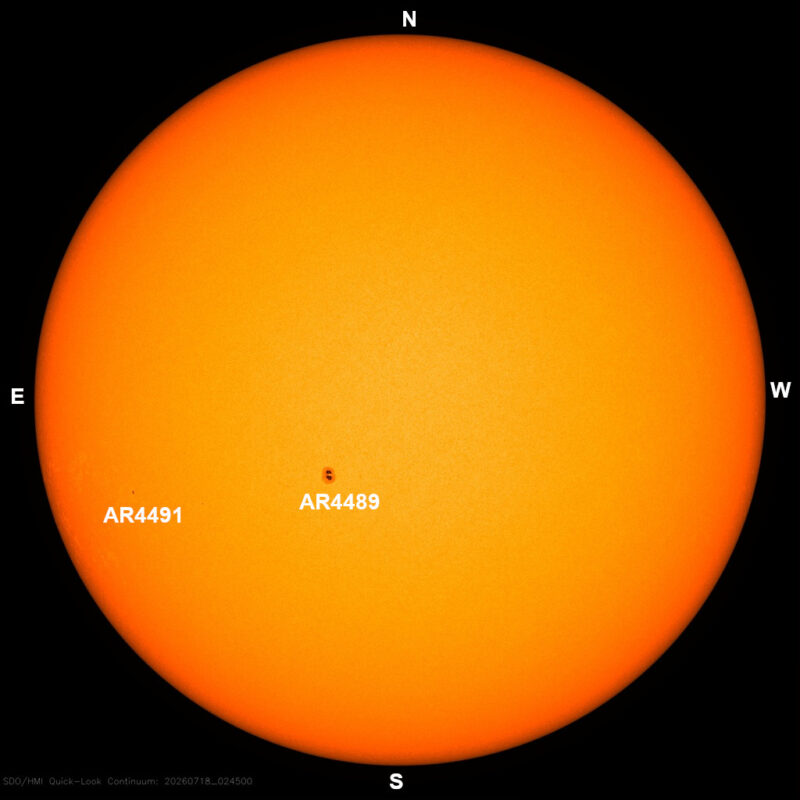 The sun, seen as a large yellow sphere with dark spots, each labeled.
