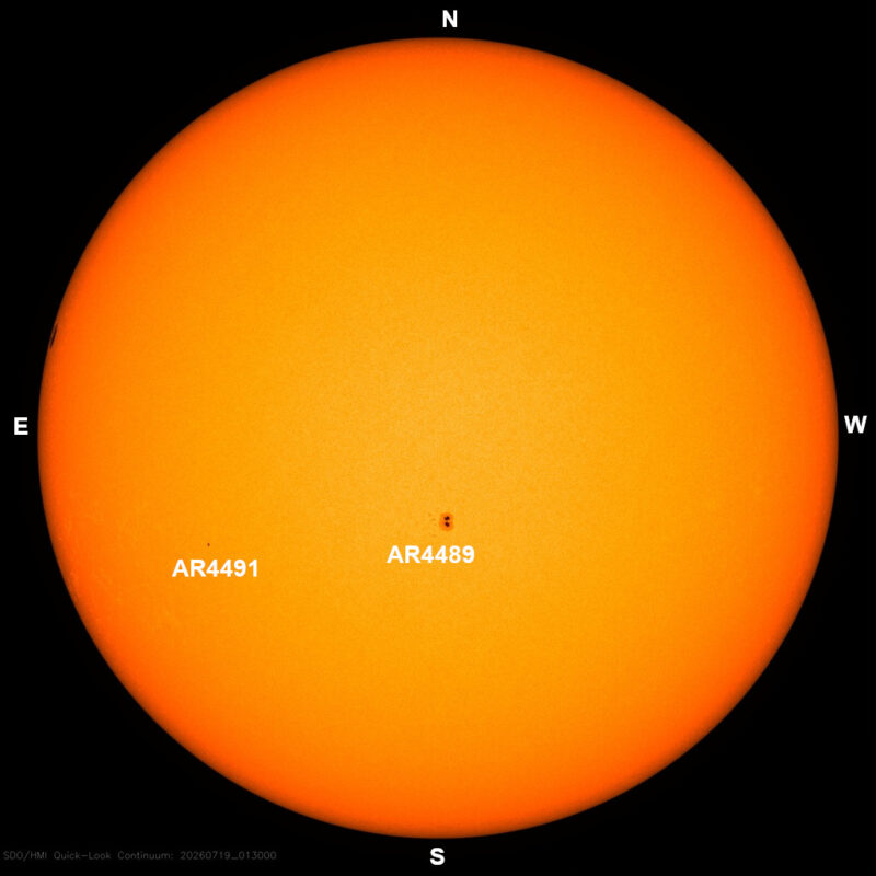 The sun, seen as a large yellow sphere with dark spots, each labeled.