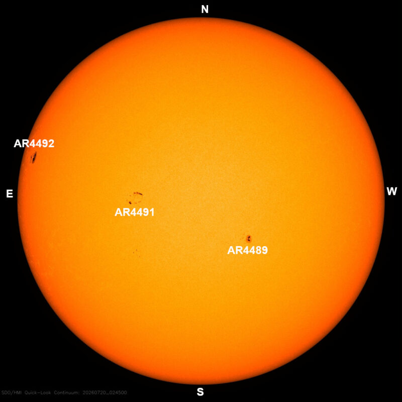 The sun, seen as a large yellow sphere with dark spots, each labeled.