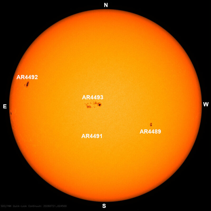The sun, seen as a large yellow sphere with dark spots, each labeled.