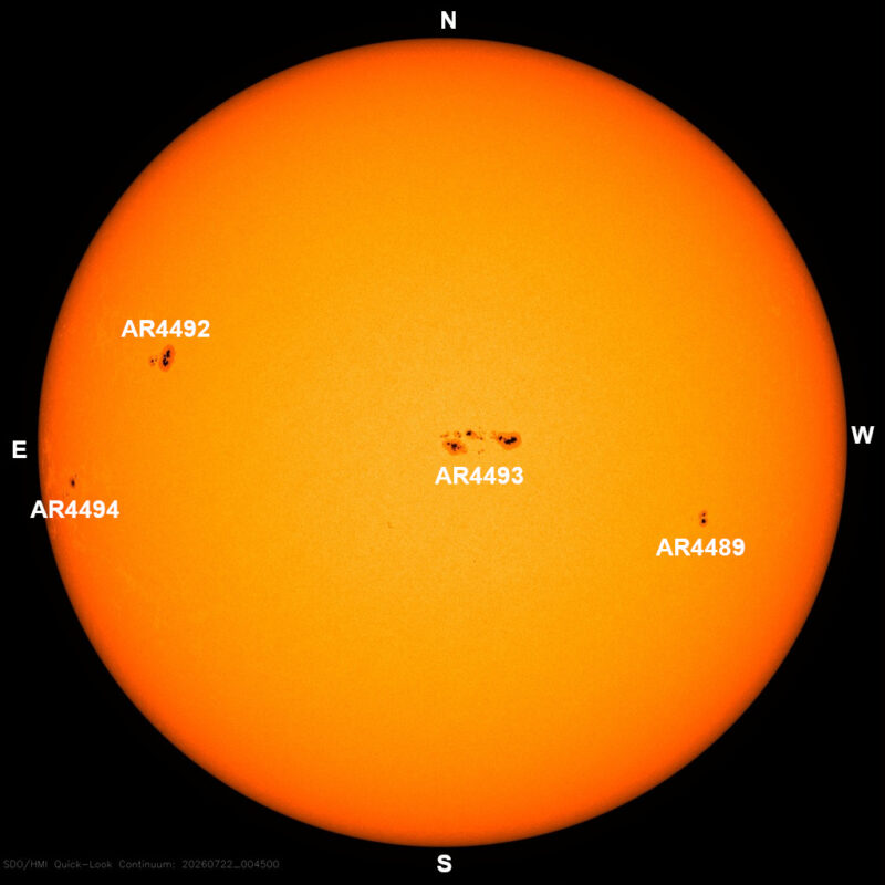 The sun, seen as a large yellow sphere with dark spots, each labeled.