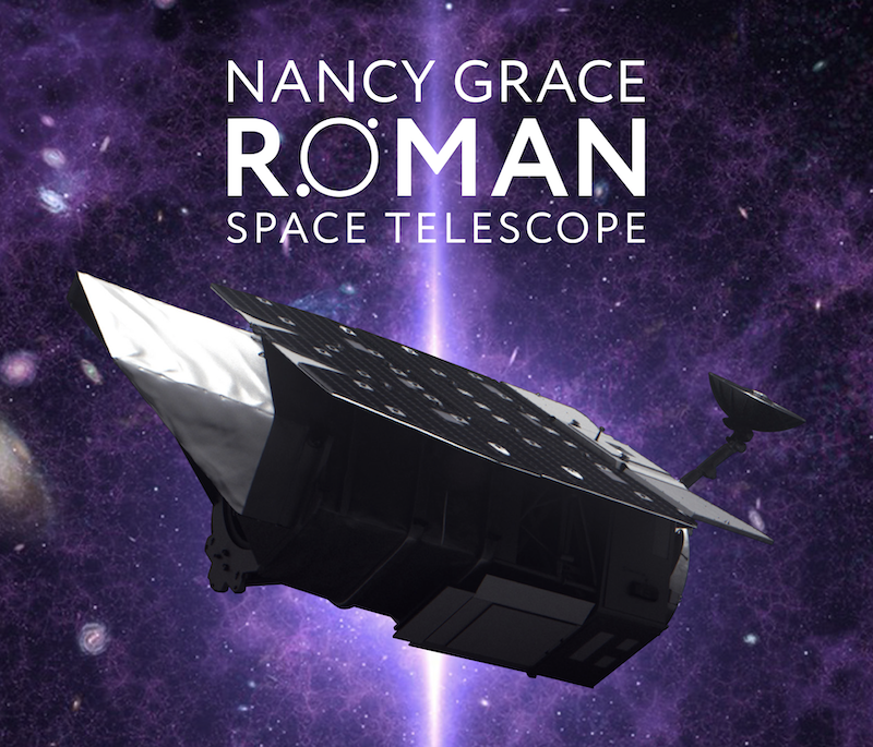 Boxy, spaceship-like space telescope with the title Nancy Grace Roman Space Telescope above it.