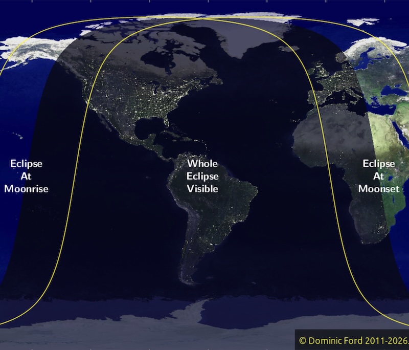 Map of the Earth almost entirely dark, centered on Atlantic Ocean showing where the partial lunar eclipse will be visible.