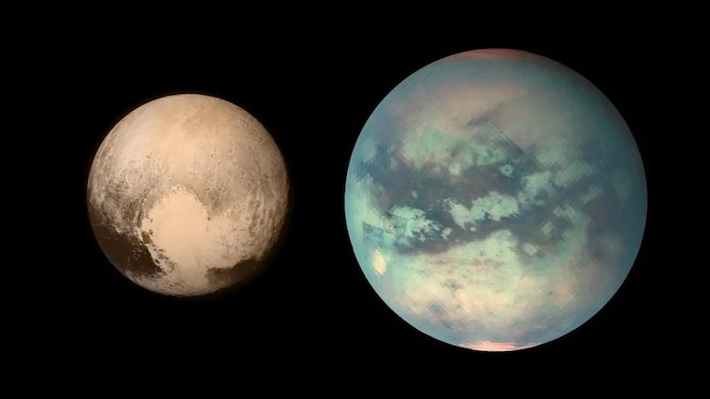 Titan and Pluto: 2 planet-like bodies. The smaller is brownish with a large light area. The other is more mottled.