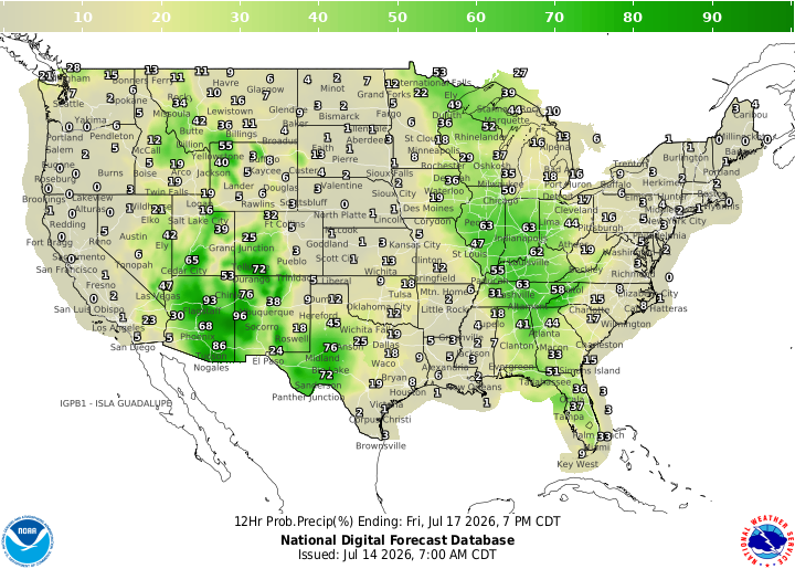 Map of US for July 17 showing green where it might rain.