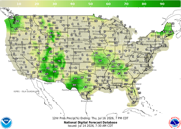Map of US with green splotches in the West, southern Midwest, and Maine.
