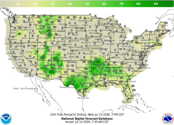 Map of US showing green where it might rain in Texas, the South, and east of the Rocky Mountains.
