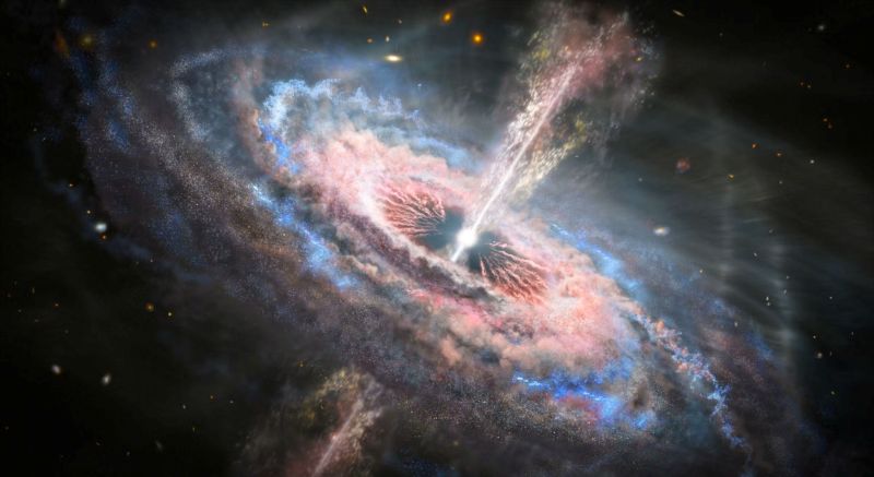 Swirling, glowing disk with small white-hot sphere in center spewing perpendicular jets from its poles.