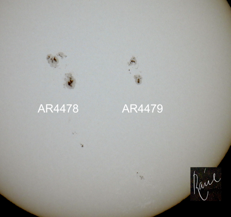 The sun, seen as a gray sectional sphere with dark spots, each labeled.
