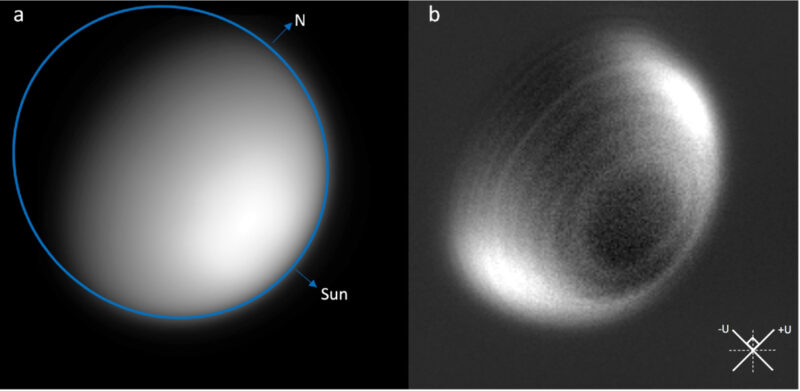 Two black-and-white images of Venus set side by side. One reveals rings in the atmosphere.