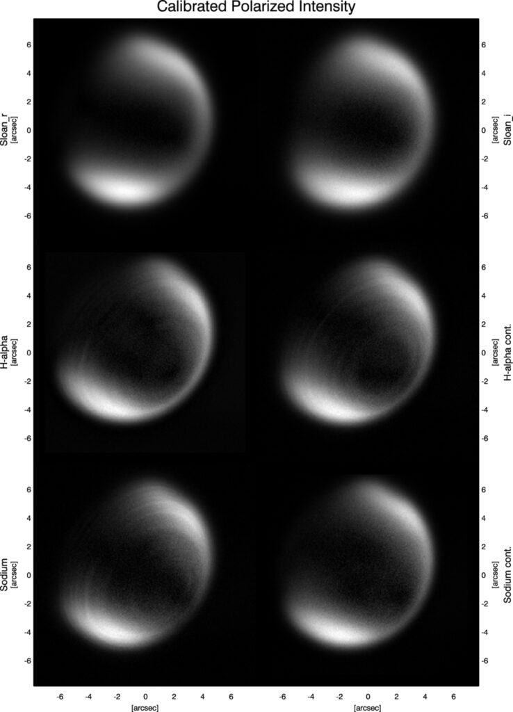 Giant Rings on Venus. Six black-and-white images of Venus stacked three rows deep and two columns wide. Three of the images show rings. The others do not.