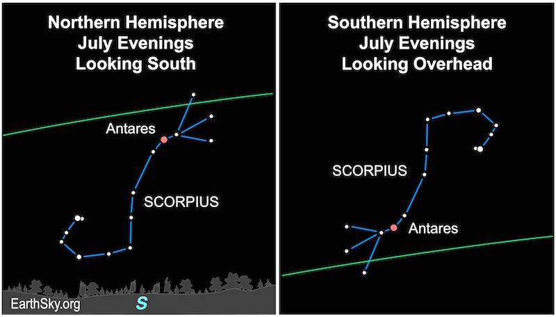 Star chart: 2 images of a large J-shaped constellation with the hook downward in 1 and upward in the other.