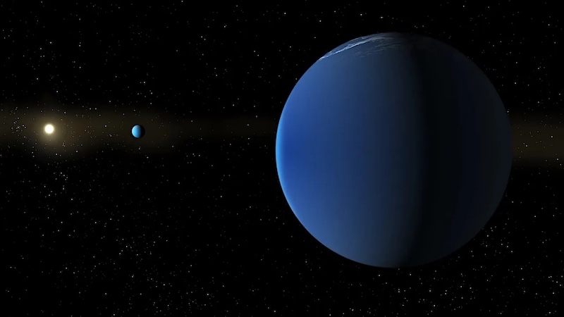Puffiest exoplanets: 2 bluish planets, one close and one farther away, with a yellowish sun in the distance.