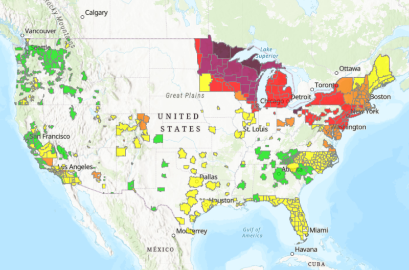 Map of US with nearly black and maroon in northern Midwest, and areas eastward of that in red and orange.
