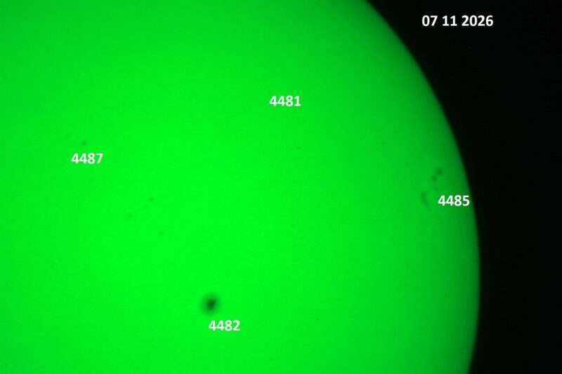 The sun, seen as a green sectional sphere with dark spots, each labeled.