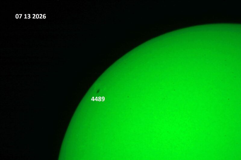 The sun, seen as a green sectional sphere with dark spots, each labeled.