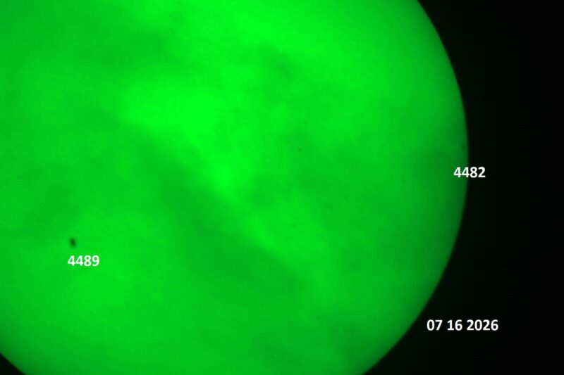 The sun, seen as a green sectional sphere with dark spots, each labeled.