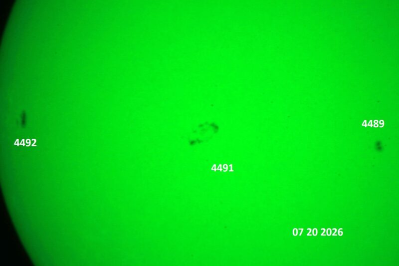 The sun, seen as a green sectional sphere with dark spots, each labeled.