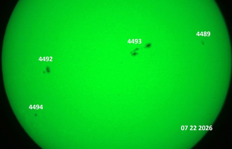 The sun, seen as a green sectional sphere with dark spots, each labeled.
